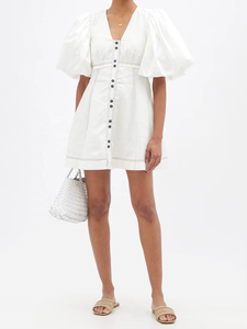 Robe en lin pour filles, vêtements élégants, personnalisés, manches bouffantes, boutons, mini-robe décontractée pour femmes - Product Image 2