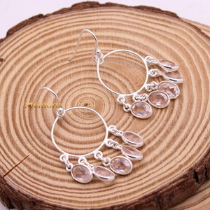 Pendientes de Plata de Ley 925 al por Mayor con Cuarzo Rosa Natural Ovalado y Flecos Circulares, Joyas Memoria - Product Image 3
