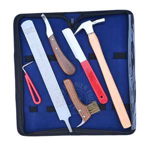 Kit d'outils de fermeur équin avec couteau à sabots incurvé en acier inoxydable, râpe à sabots, marteau à clous et brosse de nettoyage, dans un étui - Product Image 1