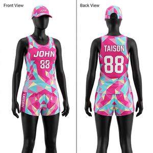 Ensemble de tenue de course pour femme en polyester et élasthanne 150 GSM, respirant, avec panneaux géométriques par sublimation, logo personnalisé par presse à chaud - Product Image 1