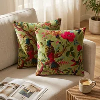 Housses de coussin en velours vert olive, imprimé floral coloré oiseau de paradis, housse de coussin décorative pour canapé, lit et décoration intérieure