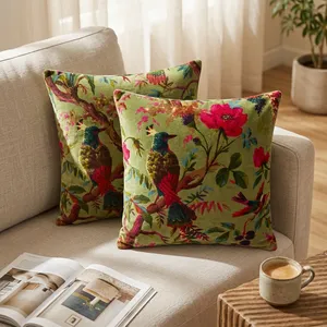 Olive Green Velvet Pillow Covers Colorful Bird of Paradise Floral Print Decorative Cushion Cover for <b>Sofa</b> <b>Bed</b> and Home Decor - Product Image 6