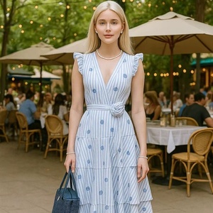 Vestido Maxi Azul y Blanco a Rayas Verticales sin Mangas con Cuello en V y Volantes en los Hombros, Elegante Vestido Largo con Corte en A para Mujer - Product Image 1