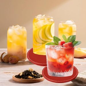 Red Leather <b>Coasters</b> <b>Set</b> of 6 – Premium PU Leather Drink Holders, Round Cup Mats with Holder - Product Image 5