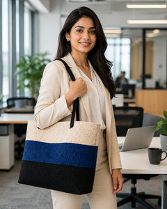 Bolsa de Yute Premium Tricolor Azul, Negro y Blanco con Asas Negras |   Bolsa de Transporte Ecológica y Elegante para Uso Diario - Product Image 3