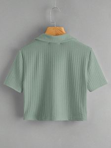 Pull court d'été pour femme, col polo, demi-zip, manches courtes, tricot respirant, fin, polyvalent, tendance - Product Image 1