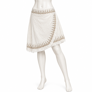 <b>White</b> Cotton Wrap <b>Skirt</b> Geometric Embroidered Waist Frayed Hem Asymmetrical Midi <b>Skirt</b> Boho Beach Vacation Wear|Bohemian Style - Product Image 1