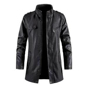 Chaqueta de Cuero PU para Hombre, Estilo Motociclista, con Botones y Cremallera, Color Sólido, Largo Medio - Product Image 5