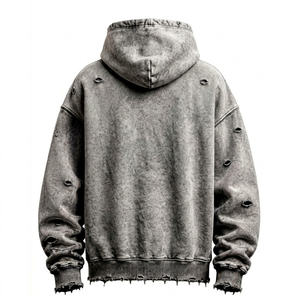 Sweat-shirt à capuche personnalisé pour homme, en coton épais, délavé à l'acide, effet vieilli et déchiré, avec motif crâne et écouteurs, coupe oversize, style vintage grunge - Product Image 2