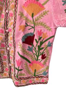 Pink Velvet Embroidered Floral Jacket Mandarin Collar Full Sleeve Breathable Winter <b>Coat</b> Cotton Lining Hand Embroidery Design - Product Image 2