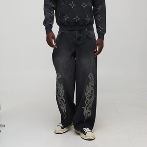 Custom Men's Summer Winter Lightweight Baggy Jeans Straight Fit 100% Cotton Raw Selvedge Denim <b>Pants</b> Button Decoration Solid - Product Image 1