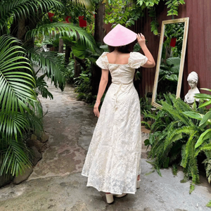 Vestidos Maxi de Algodón Tejido Sólido para Mujer, Cuello Redondo, Manga Farol, Corte Ajustado, Elegante, Casual, Forro de Seda, Cintura Natural, Personalizable - Product Image 4