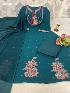 Proveedor de la India de la colección de Kurti-Pantalón-Dupatta Anarkali largo listo para usar, de algodón puro de alta calidad con bordado de hilo. - Product Image 4