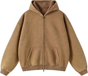 Sweat à capuche zippé oversize délavé à l'acide 100% coton avec broderie personnalisée style vintage pour homme, streetwear, fermeture éclair intégrale - Product Image 1