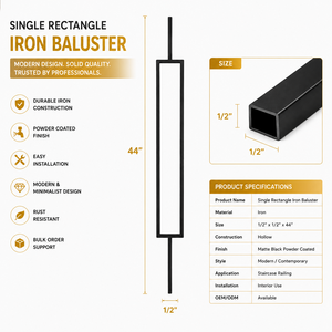 Residential Stair BalusterSingle Rectangle <b>Iron</b> Baluster 44 In Matte Black Powder Coated Stair Railings Handrail Spindle Modern - Product Image 1