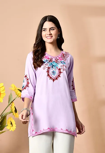 Kurta de Rayón Bordada en Lavanda para Mujer, Corte Regular, Largo Mini, Estilo Casual, Diseño India-Pakistán, para Todas las Temporadas - Product Image 5
