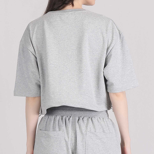 Camiseta Corta Oversize de Algodón 100% Gris Jaspeado para Mujer, Estilo Urbano, Manga Corta, Bajo Ajustable, Holgada - Product Image 2