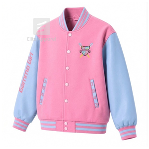 Chaqueta de carreras personalizada de la hermandad Gamma Phi Delta con logo bordado en rosa y azul claro, estilo letterman para mujer con forro de poliéster. - Product Image 2