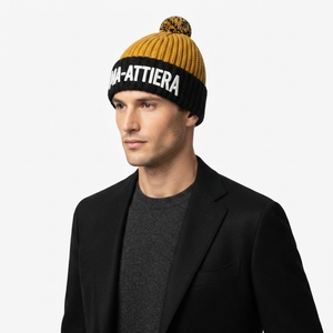 Bonnet en tricot personnalisé jaune et noir avec pompon, bordure côtelée, chaud pour l'hiver, avec logo brodé - Product Image 4