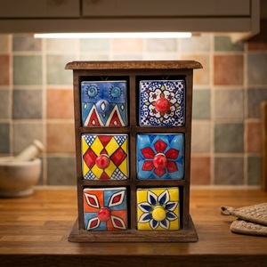 Ensemble de tiroirs de rangement pour épices marocaines modernes, motifs colorés, cadre en bois, multifonctionnel, fait main, pour la cuisine et le salon - Product Image 1
