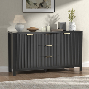 Credenza Nera Concava a Strisce con 2 Ante e 3 Cassetti, Mobile Moderno per Soggiorno - Product Image 1