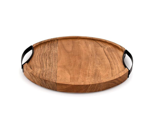 Plateau de service rond en bois et en fer, design moderne, surface texturée et fabrication haut de gamme - Product Image 3