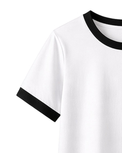 Conjunto de 2 Piezas para Mujer, Camiseta Blanca de Manga Corta con Cuello Redondo y Ribete Negro, Pantalones Cortos con Cintura Elástica y Bolsillos, Estilo Casual para Primavera/Verano - Product Image 4