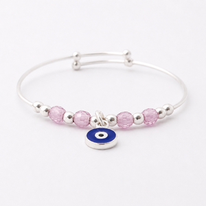 Bracelet jonc perlé en argent sterling 925 avec breloque œil bleu, finition polie, émail bleu, style cristal, pour filles, usage quotidien, cadeau de fête - Product Image 4