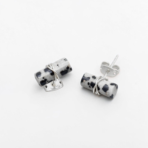 Dalmatian Jasper Cylinder <b>Stud</b> <b>Earrings</b> Silver Plated Brass Natural Gemstone Minimalist Cabochon Bar <b>Earrings</b> Wholesale - Product Image 2