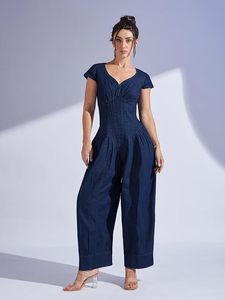 Mono vaquero azul marino liso para mujer, estilo dhoti, sin mangas, con cuello redondo, lavado, con pliegues, hasta la rodilla, ideal para verano. - Product Image 2