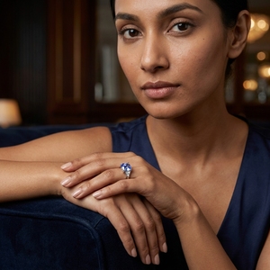 Bague de fiançailles classique pour femme avec diamant de laboratoire taille coussin, en platine PT950, saphir bleu central certifié IGI - Product Image 3