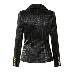 เสื้อแจ็คเก็ตหนัง PU ลายจระเข้สีดำสำหรับผู้ชาย แบบกระดุมสองแถว ปกคอพับ ทรงเข้ารูป สวมใส่ได้ในฤดูใบไม้ร่วง - Product Image 2