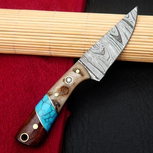 Cuchillo EDC de Hoja Fija de Acero de Damasco, Cuchillos de Caza de Espiga Completa con Mango de Cuerno de Carnero y Madera, Cuchillo OEM para Camping y Actividades al Aire Libre con Funda - Product Image 2