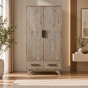 Armoire en bois massif d'acacia, 2 portes, 2 tiroirs, meubles modernes pour la maison, armoire de rangement pour chambre à coucher, avec possibilité de personnalisation OEM ODM, vente en gros - Product Image 1