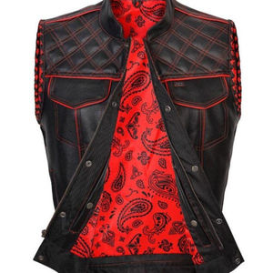 Chaleco de Motociclista para Hombre, Negro, Sólido, Transpirable, con Calefacción, para Invierno, con Forro Rojo Paisley, Cierre de Cremallera, Cuello Cuadrado, Sin Mangas, Talla Grande - Product Image 1