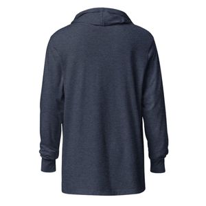 T-shirt unisexe à capuche en coton doux bleu marine chiné à manches longues avec lettres graphiques – Vêtement décontracté léger et tendance - Product Image 2