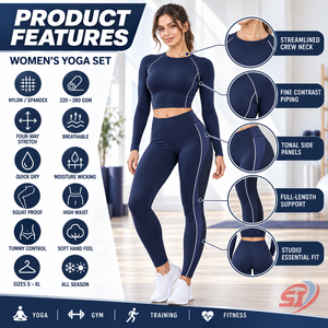 Custom Women Navy Yoga Set Streamlined Half Sleeve <b>Top</b> High Waist Performance <b>Leggings</b> Print Front Logo Seamless Polyester/Nylon - Product Image 5