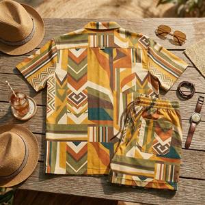 Ensemble de tenue 2 pièces de style bohème pour hommes, impression par sublimation personnalisée, chemise à manches courtes boutonnée et short à cordon de serrage - Product Image 5