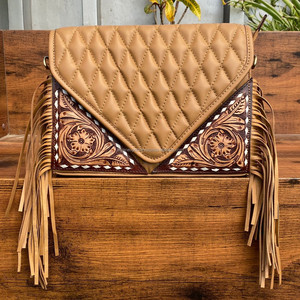 Bolso bandolera de cuero con flecos y patrón de edredón de diseño al por mayor para mujer, bolsos de hombro con entramado de diamantes - Product Image 2