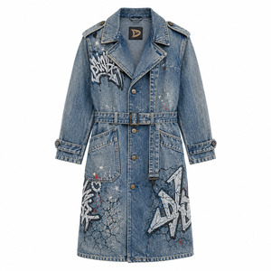Gabardina de mezclilla con estampado de grafiti y efecto desgastado para hombre, azul medio, larga, con cinturón, estilo Duster, ropa de calle, prenda exterior - Product Image 2