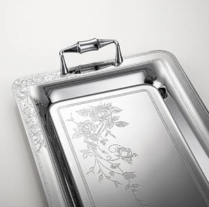 Silver Embossed Stainless Steel Serving Tray Superior Quality Affordable Price <b>Kitchen</b> Tool Storage Severe Tray With Handle - Product Image 1