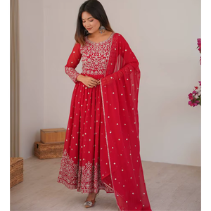 Thread Crafted Faux Georgette Anarkali Ensemble Enhanced With <b>Sequin</b> <b>Art</b> Matching Drape And Tailored Trouser Silhouette - Product Image 1