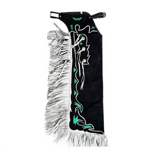 Western Rodeo Chaps Black With Green Geometric Embroidery White Fringe Full Length Unisex Horse Riding Wear - Product Image 1