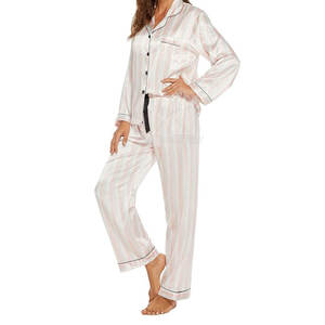 Pyjama en satin de soie respirant en coton personnalisé pour femme, ensemble 2 pièces de vêtements de nuit de haute qualité 180g, col rabattu, taille élastique - Product Image 4