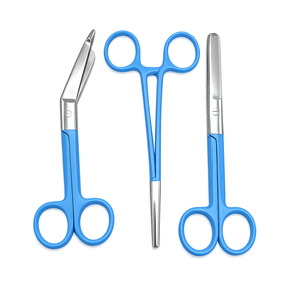 Ensemble d'instruments chirurgicaux 3 pièces en acier inoxydable avec poignée bleue, pinces hémostatiques, ciseaux, outils médicaux manuels, 5,5 pouces, certifié CE - Product Image 1