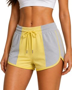 Shorts de sport pour femmes, jaunes et gris clair, à séchage rapide, respirants, taille élastique, pour la gym, le fitness, les loisirs et les activités sportives. - Product Image 1