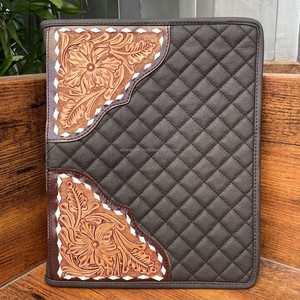 New Hand Tooled Leather Office Business Zipper Pad Holder Document Organizer <b>Folders</b> Quilted Leather File Portfolio Ring Binders - Product Image 3