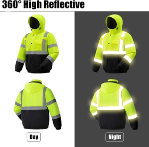High Visibility Safety <b>Jacket</b> Men Hooded <b>Winter</b> Workwear Reflective Striped <b>Waterproof</b> Fleece Lining Regular Fit - Product Image 2
