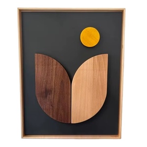 Art de boîte d'ombre en bois minimaliste avec décor mural géométrique moderne en noyer incurvé et cercle jaune en bois clair - Product Image 1