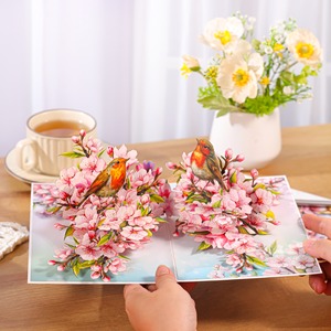 Carte de vœux 3D artisanale Viet-craft en carton, motif fleur de cerisier et oiseau, origine Hanoï, vente en gros - Product Image 3